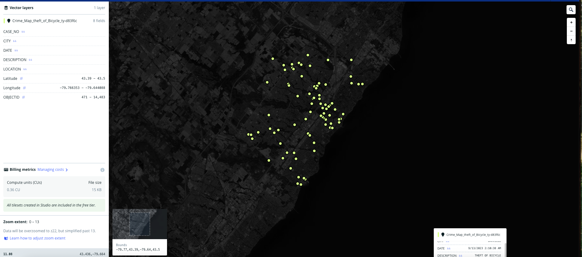 A dark satellite basemap displays geolocated bicycle-theft incidents as bright green point markers concentrated across the eastern portion of Oakville.
